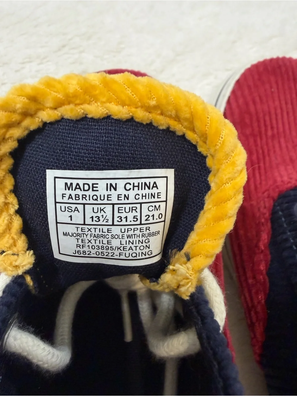 Polo by Ralph Lauren Kids Corduroy Sneakers in Red, Navy & Yellow
